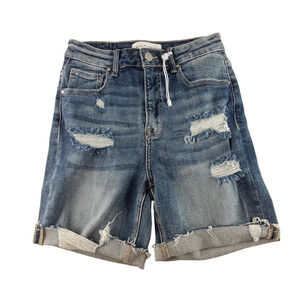 Risen Jeans Womens Medium Wash Distressed High Rise Cuffed Denim Shorts S